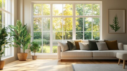 Bright and airy living room with modern sofa, green plants, and large windows showcasing a beautiful garden view.