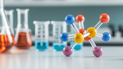 A colorful molecular model in a lab setting, surrounded by glass beakers containing liquids, representing scientific experimentation and research.