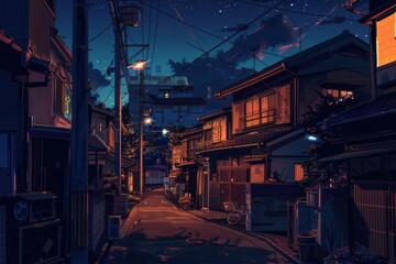 A quiet street with a few houses and a trash can, generative ai image