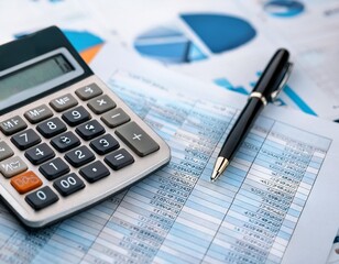 Calculator and financial management spreadsheet with depth of field for efficient budget planning