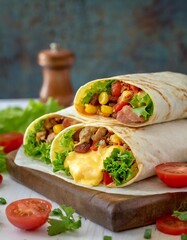 Hearty breakfast burritos with depth of field showcasing robust fillings and bold flavors