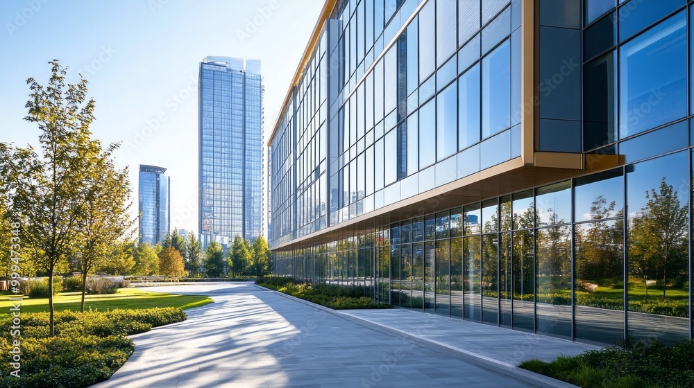Poster a large glass building with a green courtyard in front of it