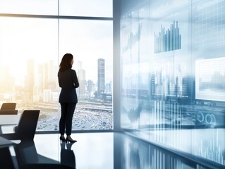 Fototapeta premium Businesswoman analyzing data in a modern office with a city view, highlighting analytical tools and professional insights.
