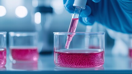 A close-up view of a hand using a pipette to transfer pink liquid into a petri dish, showcasing a laboratory setting filled with scientific equipment.