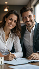  A joyful couple signs important documents with a miniature house in view, representing their journey to homeownership. Ideal for real estate marketing, blogs, and promotional materials