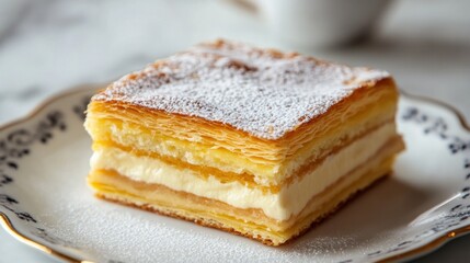 Napoleon cake or vanilla custard slice are other names for this slice of mille-feuille cake. dessert consisting of layers of pastry cream and puff pastry.
