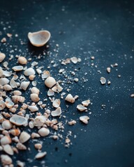 Fototapeta premium Delicate Shells on Dark Surface from a High Angle View