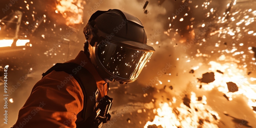 Leinwandbilder a VR disaster simulation, realistic fire and smoke effects visible as the user practices emergency response in a controlled virtual environment.