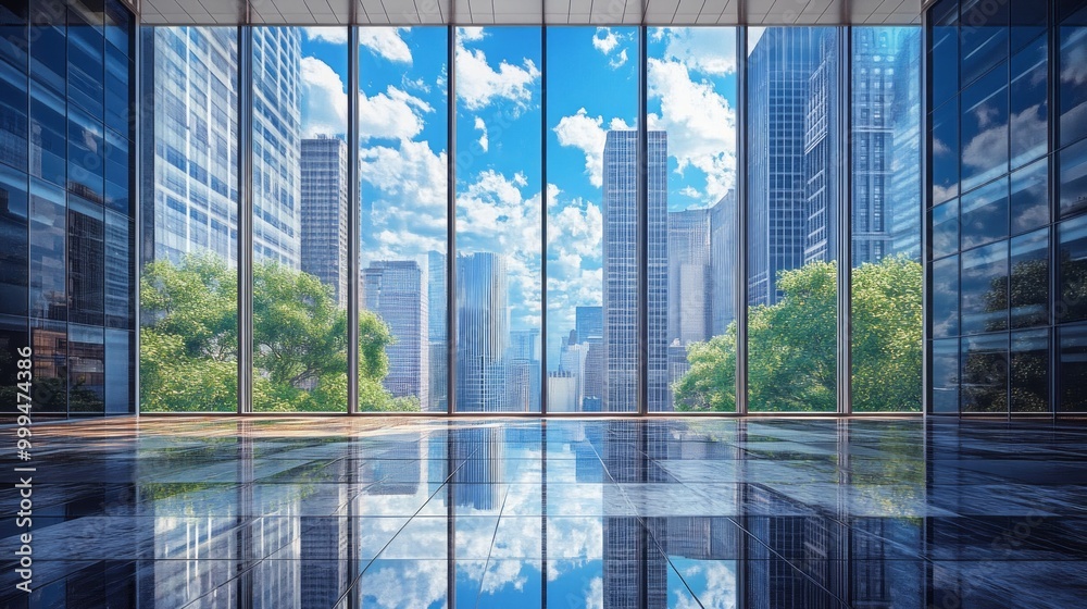 Poster A large window in a building with a city view