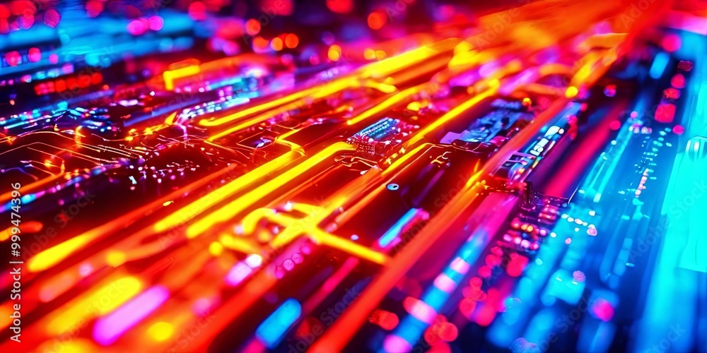 Poster a colorful image of a cityscape with neon lights and a computer chip