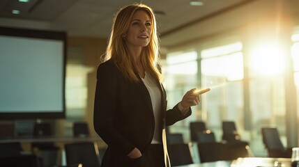 Confident Businesswoman Presenting in Bright Conference Room