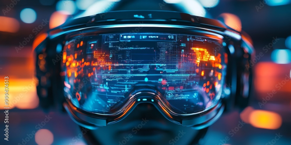 Aufkleber Macro shot of a VR headset displaying augmented content, with holographic elements visible as the user engages in a mixed reality experience.