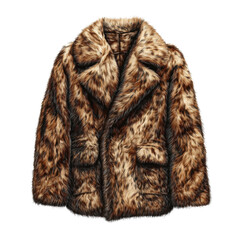 Stylish faux fur coat, brown and beige pattern, on white isolated background.