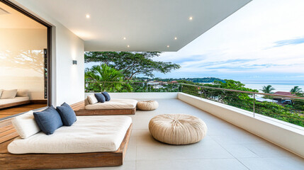 Luxe coastal terrace with comfortable seating overlooking the ocean during twilight in a modern tropical home