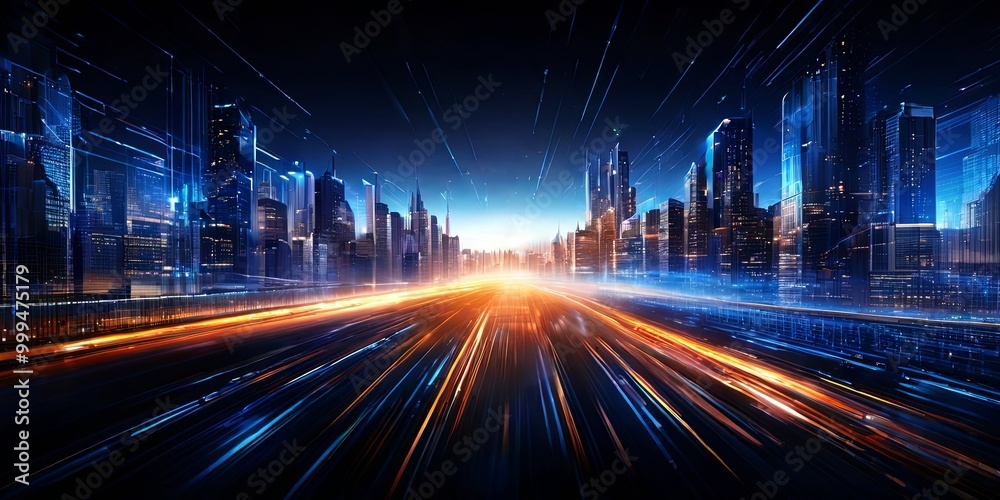 Poster a cityscape with a bright orange line running through it