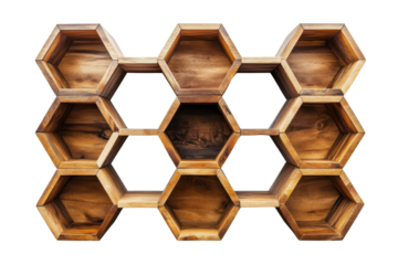 Unique honeycomb-shaped wooden shelf for decorative storage, white isolate background.