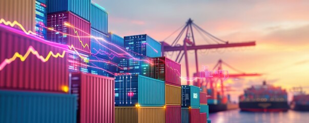 Obraz premium Colorful shipping containers stacked at a port, showcasing a vibrant sunset and growth graph, symbolizing trade and logistics.