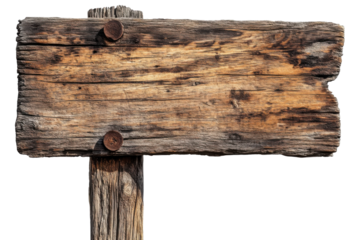 Weathered wooden signboard with rough texture, white isolated background.