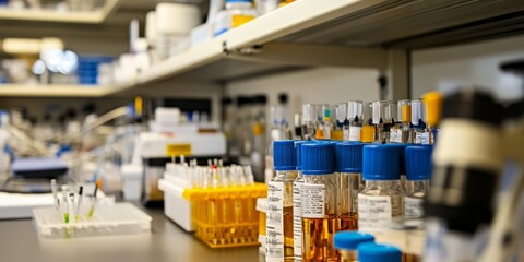 lab benches cluttered with research instruments, pipettes, and chemical reagents, representing a busy research environment.