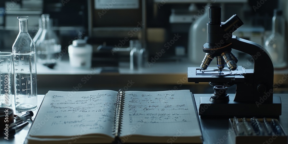 Poster a lab notebook beside a microscope, with detailed observations and experimental results recorded in real-time.