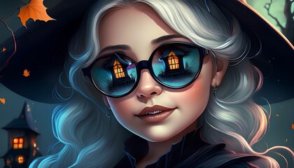 A beautiful girl wearing a black witch costume with black glasses and a horror house scene appears in her lenses as she reads the spell