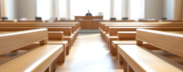 Obraz premium Empty courtroom interior with wooden benches and a judge's bench, capturing the essence of justice and legal proceedings.