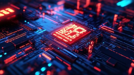 Obraz premium Circuit Board with Glowing Red Chip