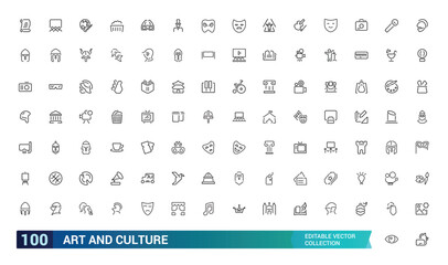 Art and culture line icons collection. History and culture icon pack. Museum, buildings, music, entertainment icons. Thin outline icons pack. Vector illustration