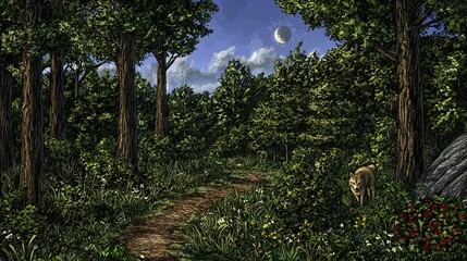 Fototapeta premium A path through a moonlit forest with a dog on one side and a full moon on the other