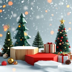 Obraz premium Festive 3D Christmas podiums with toy-inspired designs, featuring empty surfaces and diverse holiday decorations
