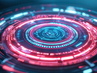 Fototapeta premium Futuristic digital interface with vibrant neon lights in blue and red, creating a captivating circular pattern.