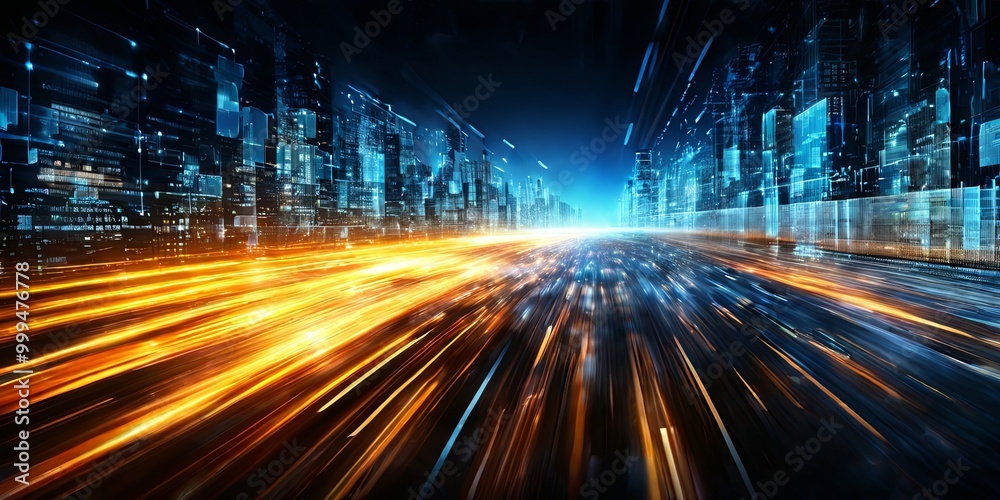 Poster a cityscape with a bright orange line running through it