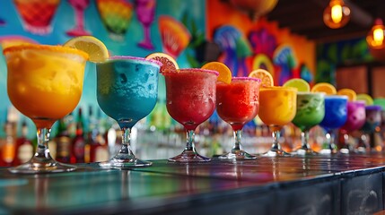A colorful variety of frozen daiquiris served in glasses, each in a different vibrant color. The glasses are arranged on a bar counter with a backdrop of a lively tropical bar, 