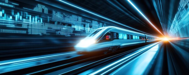 Fototapeta premium Futuristic train speeding through a neon-lit tunnel, showcasing advanced technology and motion blur for dynamic visuals.