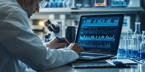 a scientist entering data into a laptop, surrounded by lab instruments and graphs on the screen.