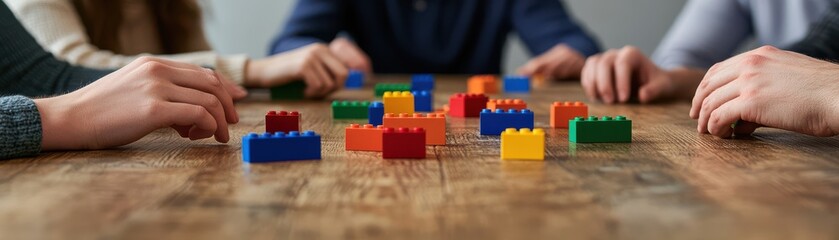 Fototapeta premium Hands of children build with colorful building blocks on a wooden table, encouraging creativity and collaboration in playtime.