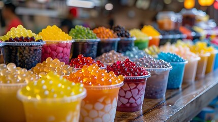 A colorful variety of boba tea toppings displayed in small bowls, featuring options like tapioca pearls, fruit jellies, and popping boba. The bowls are arranged on a wooden table with a vibrant, 