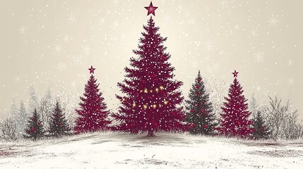 A beautiful winter landscape featuring decorated red Christmas trees with stars