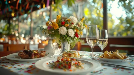 Fototapeta premium Elegant dining setup with gourmet dishes and floral centerpiece in sunlight