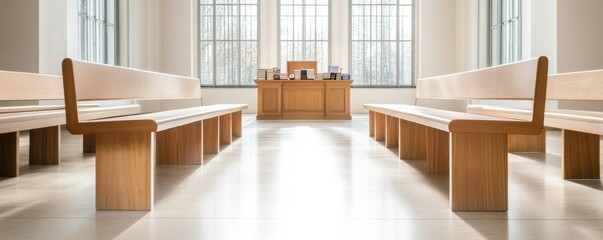 Fototapeta premium Interior view of a modern courtroom featuring wooden benches and a judge's podium with natural light enhancing the ambiance.