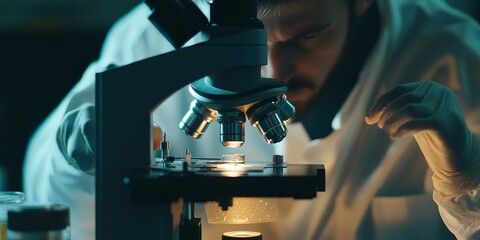 a scientist adjusting a microscope, with vivid details of the specimen being examined on a digital screen.