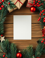 Christmas Card Mockup on Wooden Background. Christmas Card with Festive Greenery on Wood. Simple Christmas Card Layout with Festive Decor. Copy space