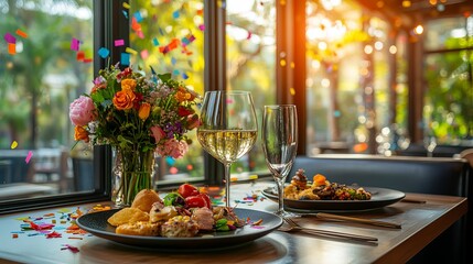 Fototapeta premium Fine dining experience with colorful decorations and elegant table setting