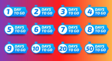 Days To Go Countdown banner template design. 1,2,3,4,5,6,7,8,9,10,20 days left countdown icon. vector 