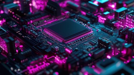 Fototapeta premium Close-up of a Circuit Board with Glowing Neon Lights