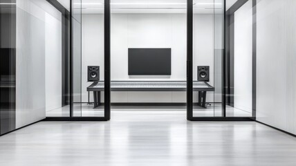 Modern studio interior featuring minimalist design, glass walls, and audio equipment, perfect for creativity and collaboration.