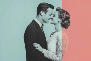 A retro-style monochrome image displays a wedding couple in a romantic pose, combining vintage aesthetics with timeless love and elegance.