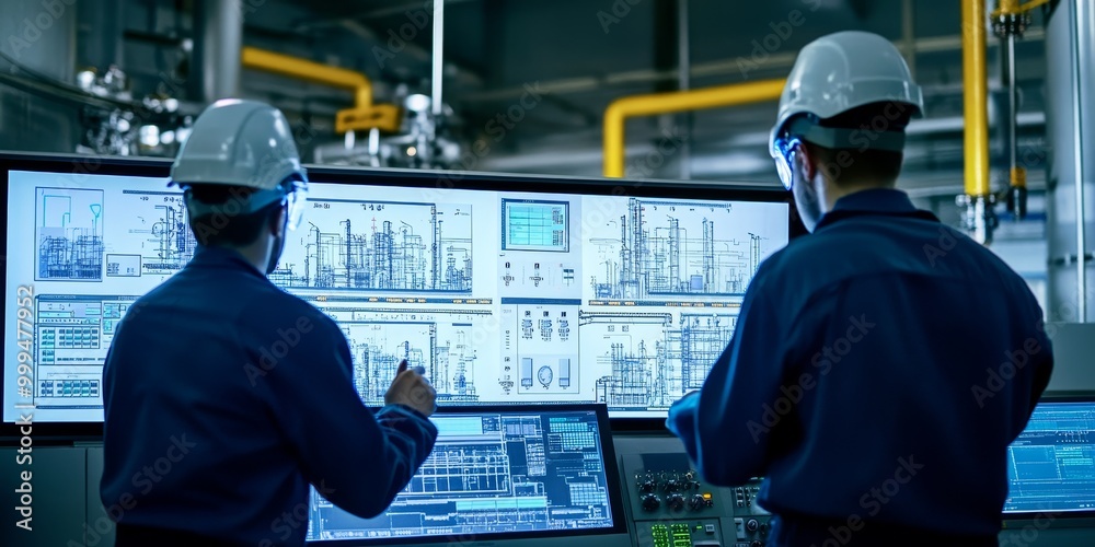 Aufkleber a chemical process flow diagram on a control room screen, with engineers monitoring operations.