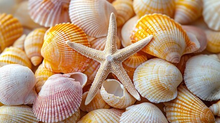   A starfish atop a mound of seashells beside another heap of shells