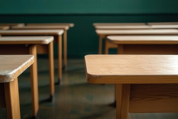 Empty classroom with dusty desks, representing declining student numbers, soft ambient light, Educational impact, demographic change